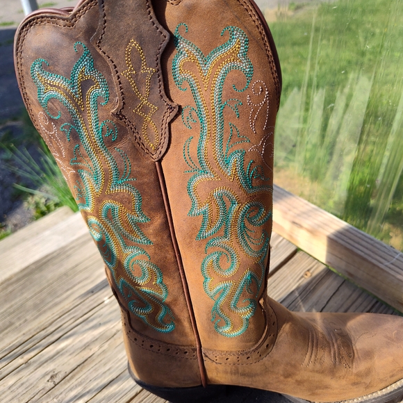 Justin Cowgirl Western Boots.Brown Teal Trim - Picture 2 of 11